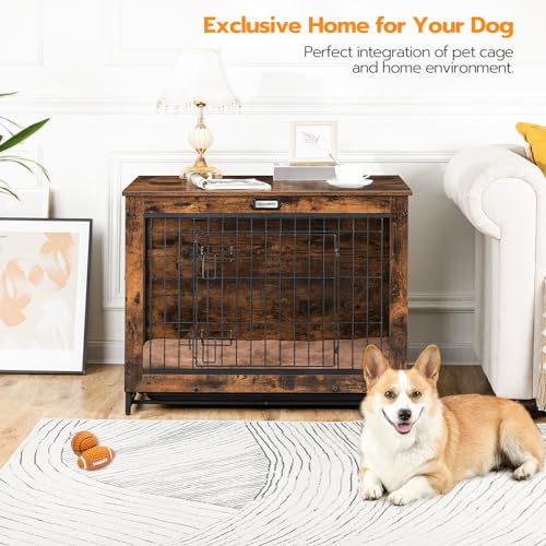 HOOBRO Dog Crate Furniture, 38.6" Large Dog Kennel Indoor, Wooden Cage with Pull-Out Tray