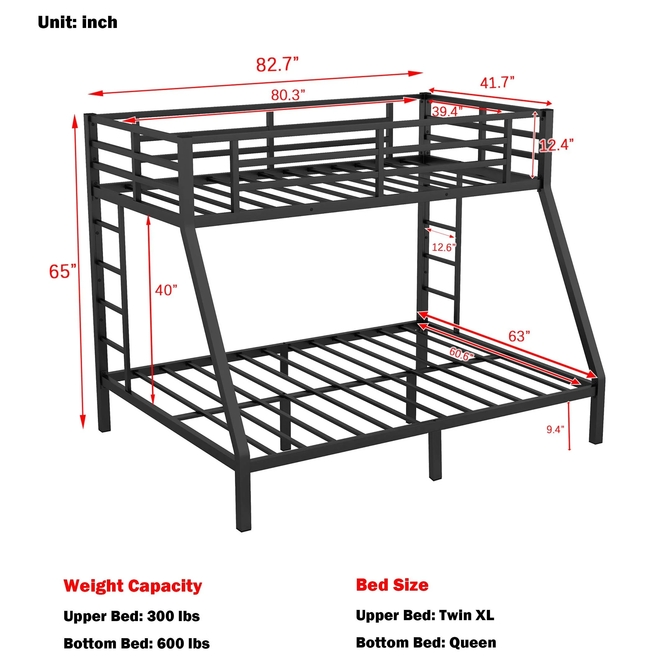 Bellemave Metal Bunk Beds Twin XL over Queen Bunk Bed for Adults, Teens, Kids Heavy Duty Bunk Bed Frame with 2 Ladder and Full-Length Guardrails