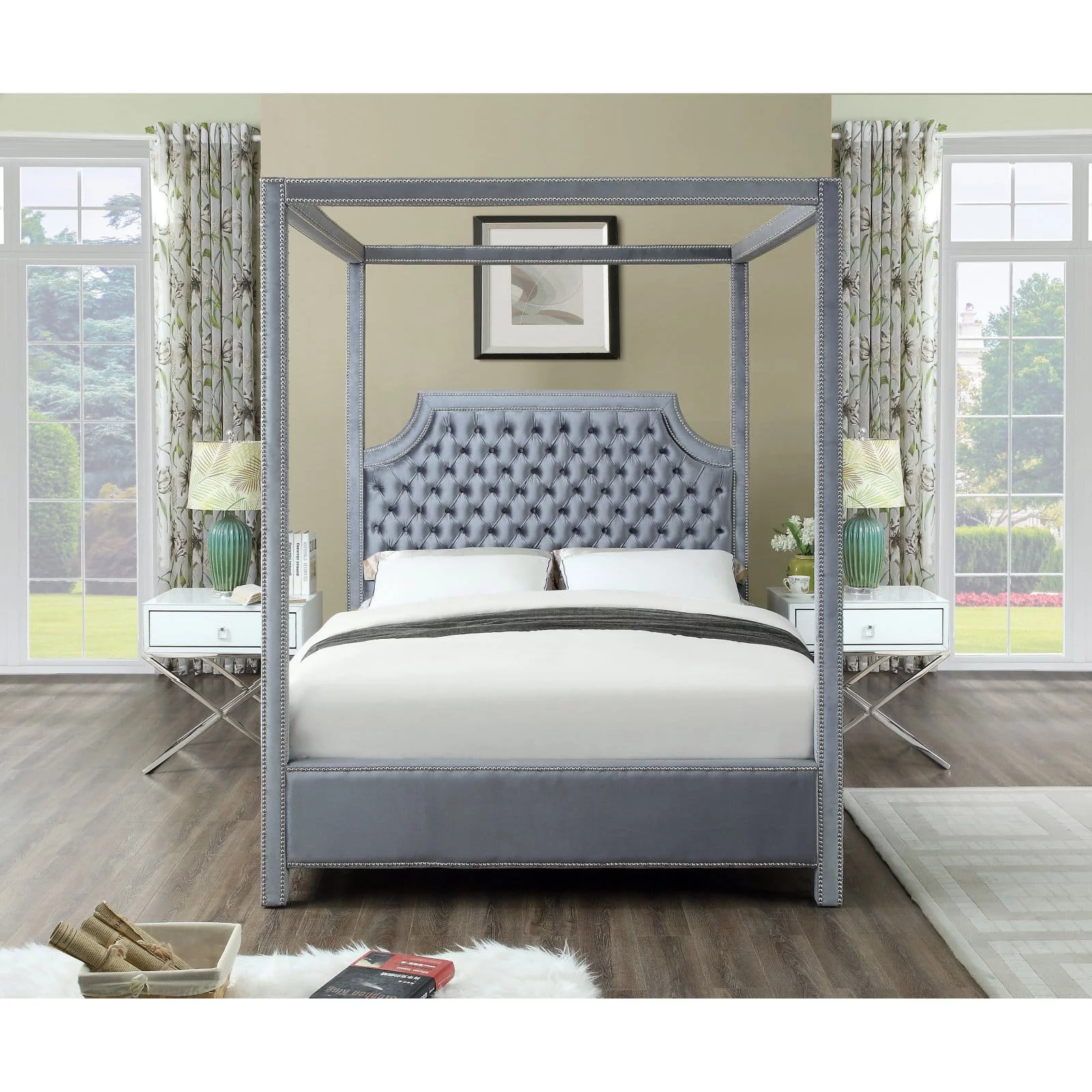 Meridian Furniture Inc Rowan Tufted Canopy Bed with Nailhead Trim