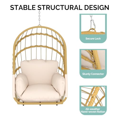 YITAHOME Hanging Egg Chair Without Stand, Rattan Wicker Swing Egg Chair with Light String & Resistant Cushion, 300lbs Capacity