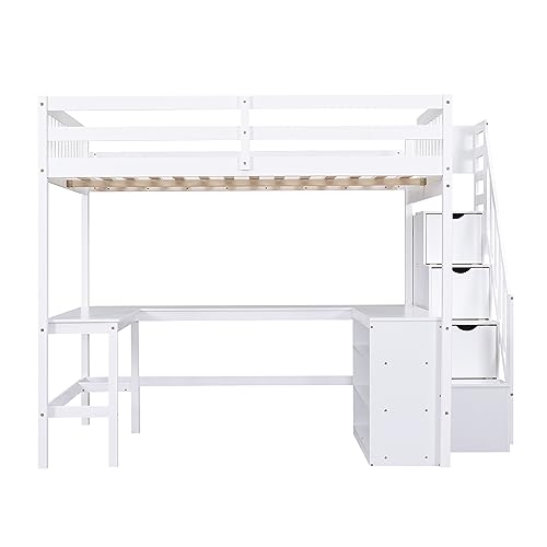 Full Size Loft Bed with Desk & Wardrobe, Solid Wood Kids Loft Bedframe w/3 Storage Drawers & 2 Shelves, Maximum Space Design, for Bedroom, Dorm, Gray