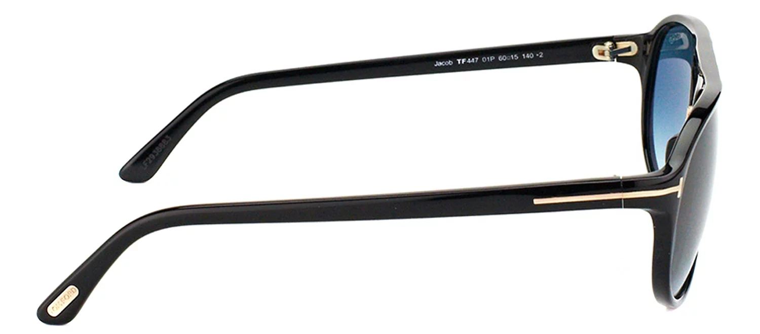 Tom Ford TF 447 01P Jacob Plastic Aviator Shiny Black Plastic Aviator Sunglasses Blue Gradient Lens