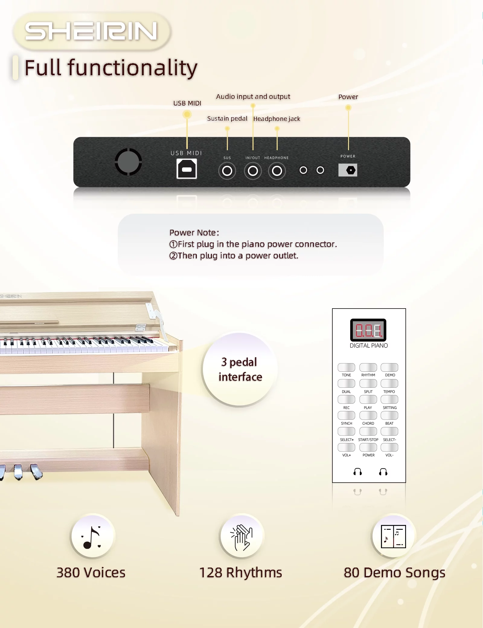 SHEIRIN Digital Piano 88 Key Weighted Stand Cover Hammer Electric Keyboard Pedal Beginner SR-CH80(Beige Color) - Radiant Selections