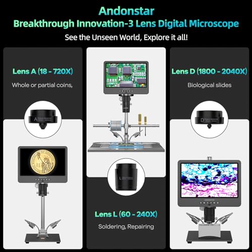 Andonstar AD246S-M Plus 7'' HDMI Soldering Digital Microscope for Electronics Repair, 2000x 3 Lens 2160P UHD Video Record