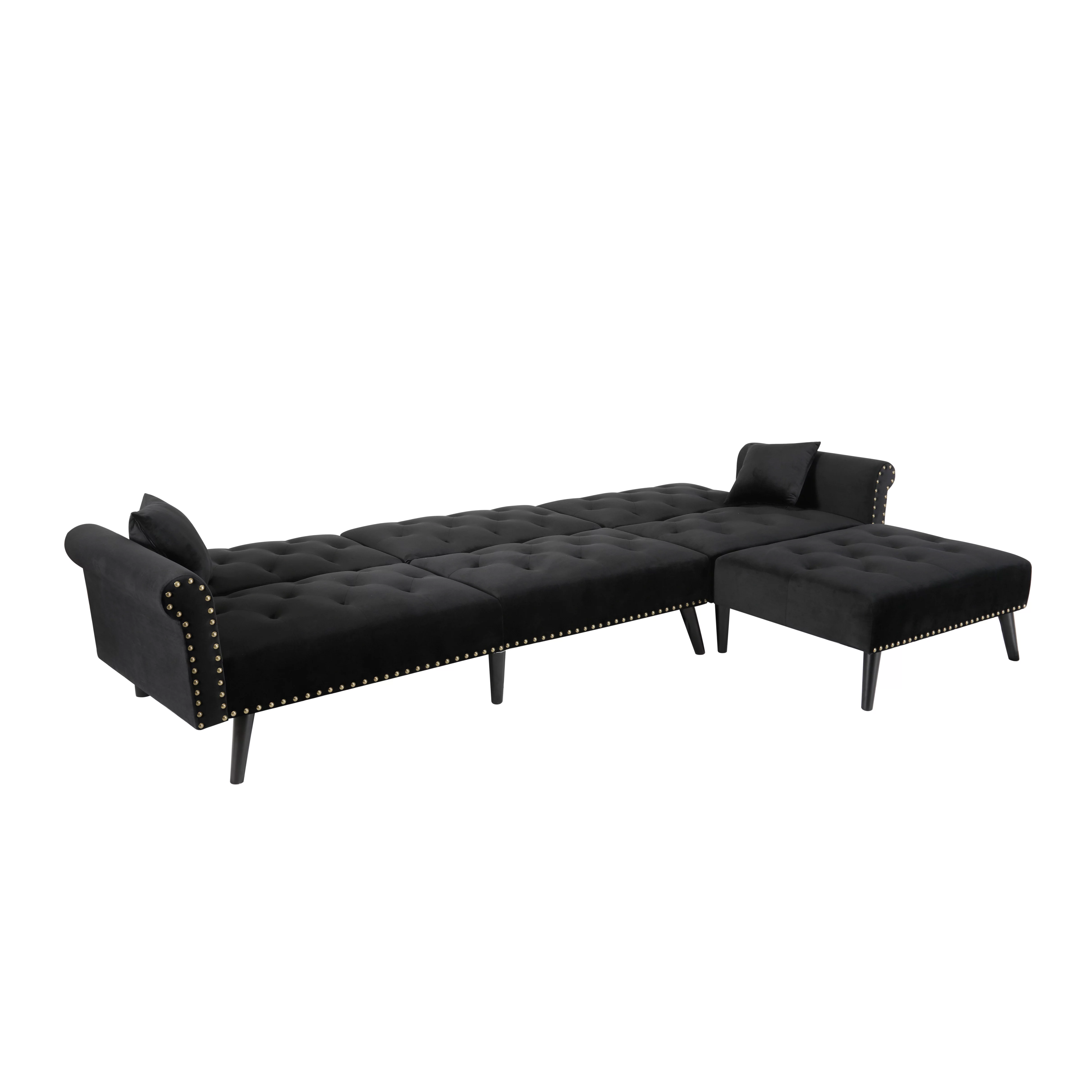 BSHTI 115 inch Stylish Minimalist Sectional Sofa Couch,Velvet Sleeper Futon bed with Reversible Chaise for Living Room(Black)