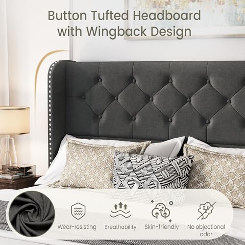 King Size Bed Frame with 4 Storage Drawers and Tufted Headboard Linen Upholstered Platform Bed Frame Wingback Beds with Wooden Slats Support