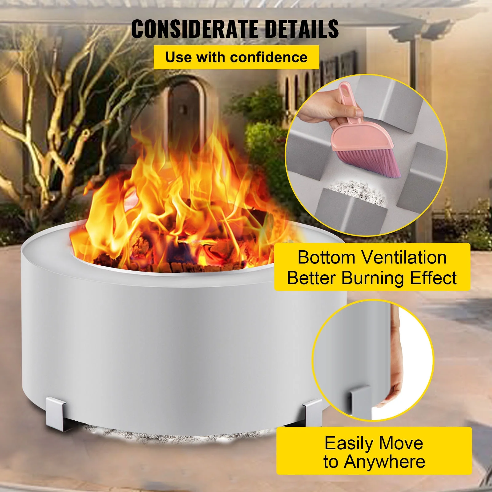 VEVOR Smokeless Fire Pit, Stainless Steel Stove Bonfire, 27.6 inch Diameter Wood Burning Fire Pit