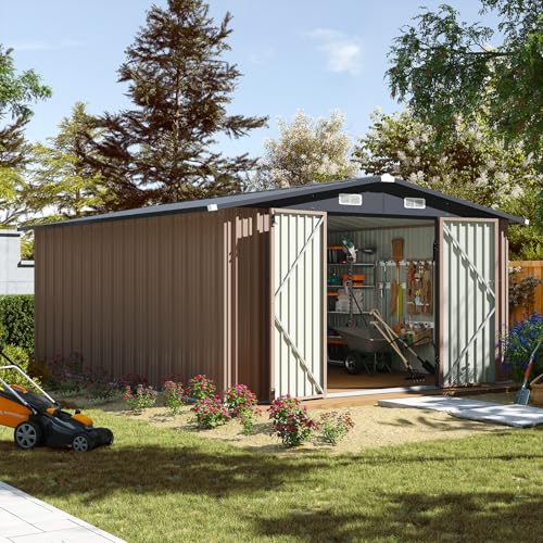 Aoxun 10 x 12FT Outdoor Storage Shed with Double Hinged Large Door Utility Garden Shed with Lockable Door & Sloped Roof Metal Sheds Outdoor Storage