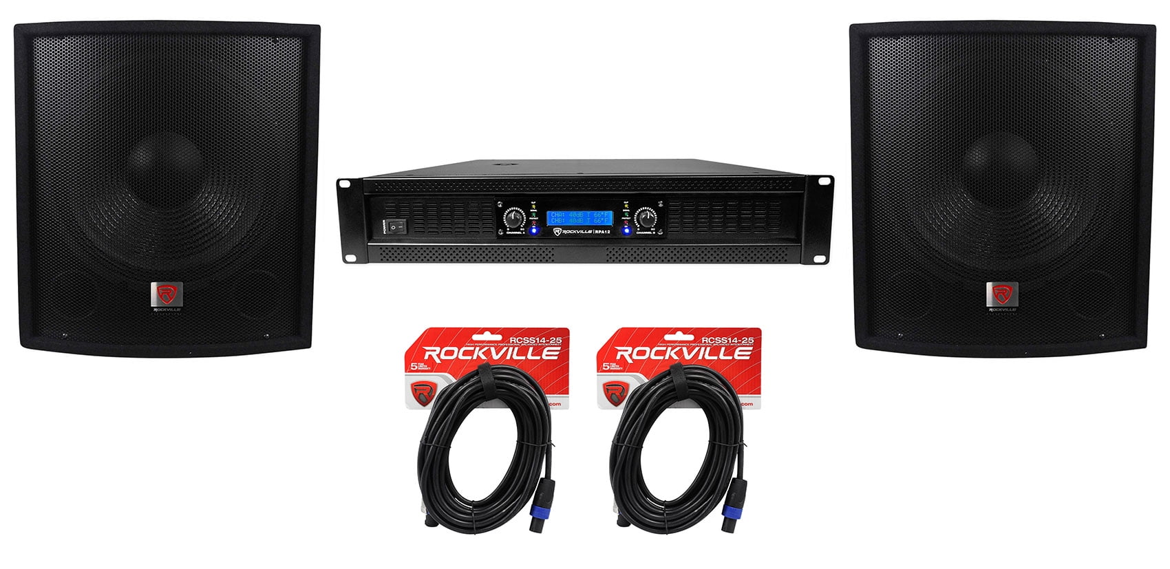 (2) Rockville SBG1158 15" Pro DJ PA Subwoofers+5000w 2-Channel Amplifier+Cables - Curated Treasures Market