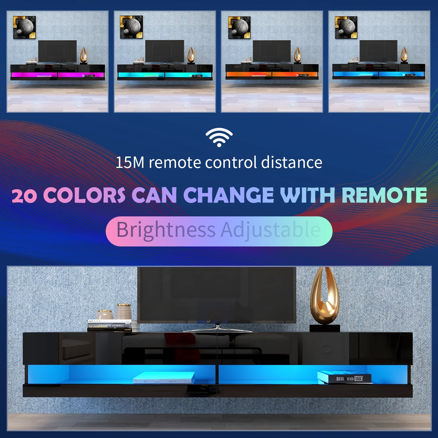 JOYSOURCE Floating TV Stand with LED, Wall Mounted Entertainment Center up to 80 inch TV, Modern High Gloss TV Media Console Cabinet, Black