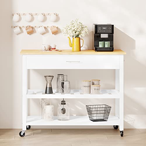 Shintenchi Rolling Kitchen Island Cart with Folding Drop Leaf Breakfast Bar, Portable Trolley Island with Large Storage Cabinet, Shelf and Drawer