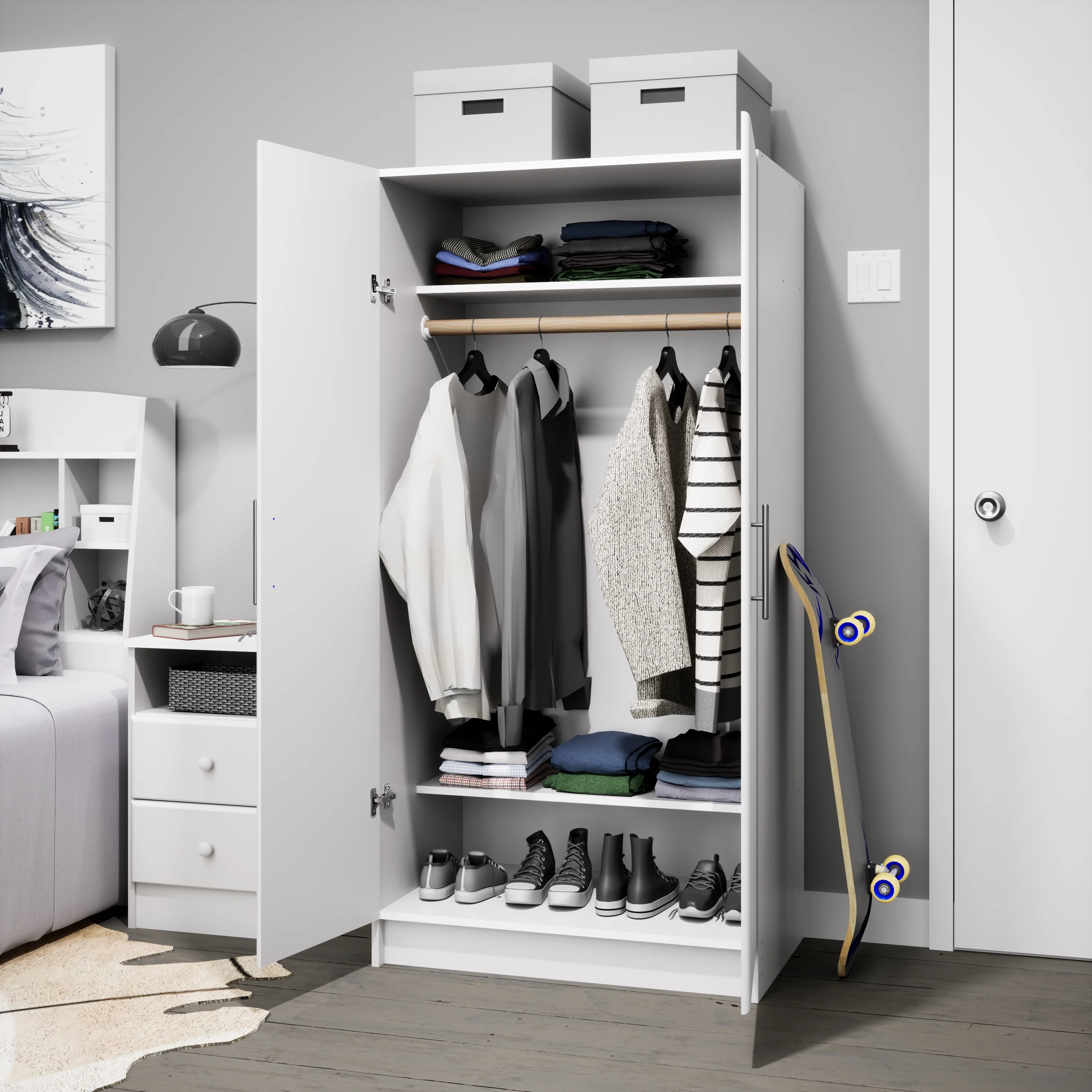 Prepac Armoir, Elite 32"W x 35"H x 20"D White Wardrobe Closet & Cabinet - Functional Clothes Storage with Hanging Rail, Armoire Wardrobe - WEW-3264