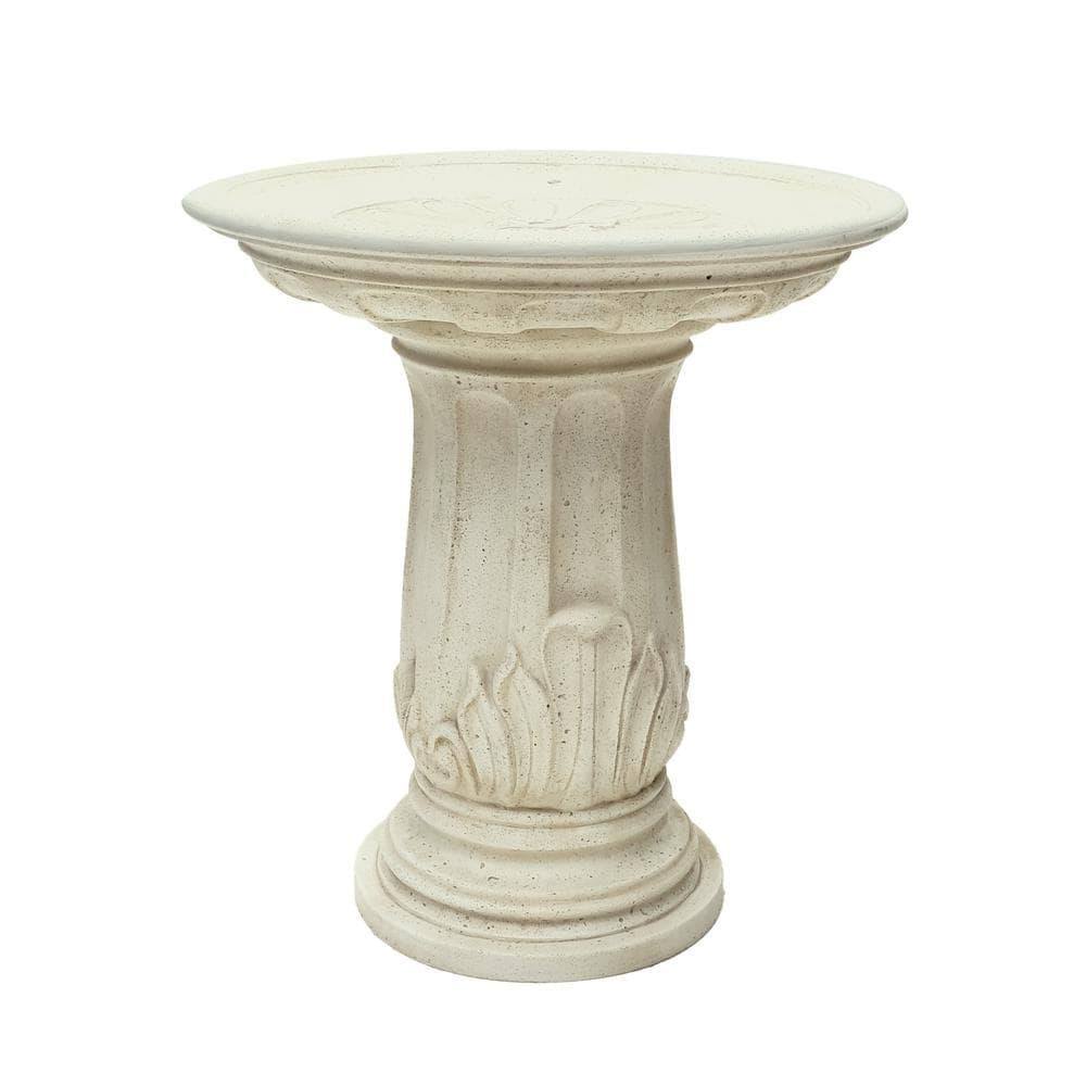 32.5 in. H. Aged White Cast Stone Royal Leaf Round Birdbath