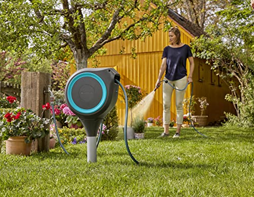 GARDENA (18604-80) 50' x 1/2" Automatic Retractable Garden Hose Reel for Outside Use on Metal Spike With Easy Swivel for Simple Watering of Gardens