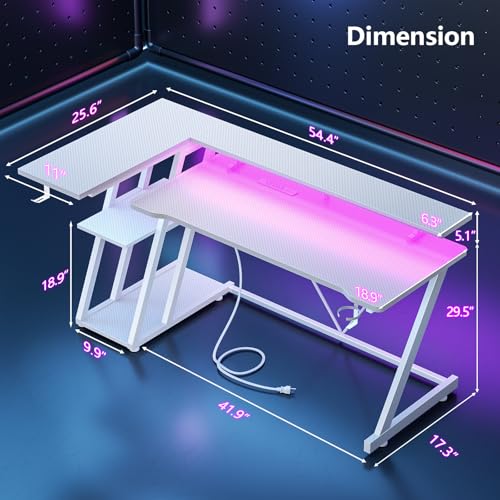 55 Inch Gaming Desk with Power Outlet & LED Lights, L Shaped Gamer Computer Table with Storage Shelves for Bedroom, Corner Home Office Desk