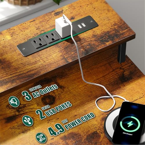 47 Inch Computer Gaming Desk with Power Outlets LED Lights Reversible Home Office with Adjustable Fabric Storage Drawers for Working Writing Study