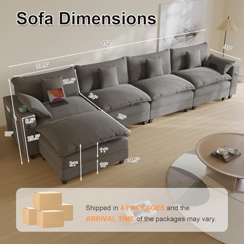 Modular Sectional Sofa, Cloud Couch with Ottoman, Charging Station, Throw Pillows, Cup Holders, Modern Convertible U Shaped Couches for Living Room