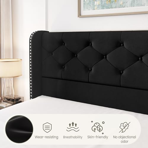 King Size Bed Frame with 4 Storage Drawers and Tufted Headboard Linen Upholstered Platform Bed Frame Wingback Beds with Wooden Slats Support