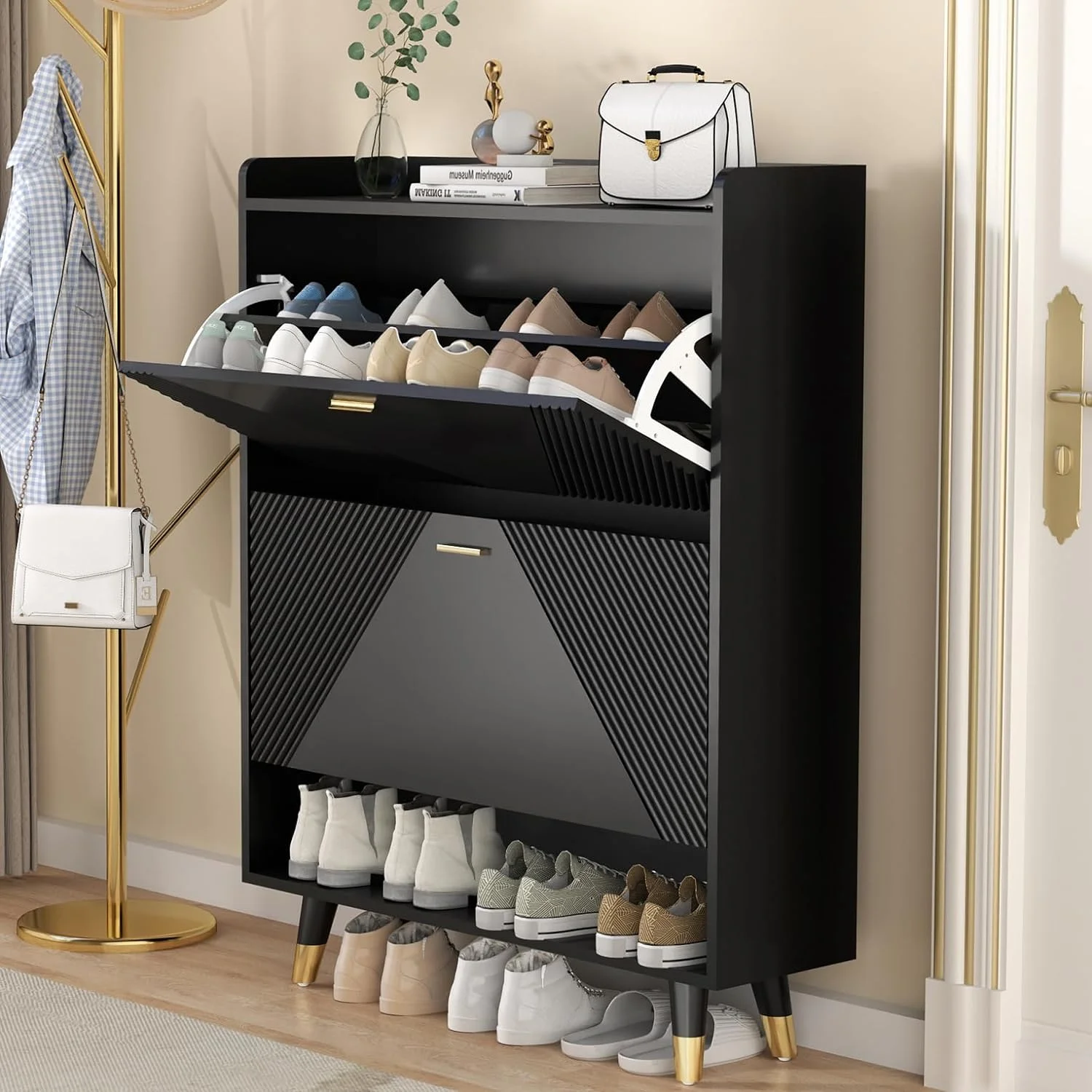 Shoe Cabinet for Entryway Slim: Hidden Shoe Storage Cabinet Black, Narrow Shoe Rack Cabinet Organizer with Doors, 2 Flip Drawer Shoe Cabinet
