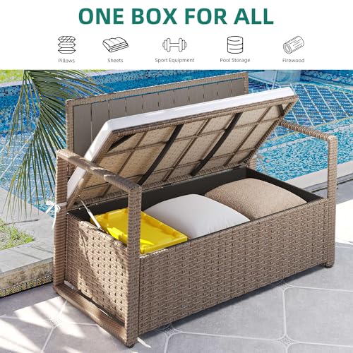YITAHOME 90 Gallon Outdoor Wicker Storage Bench w/Cushion, Large PE Rattan Deck Storage Box w/Handles & Hydraulics for Patio Furniture, Cushions