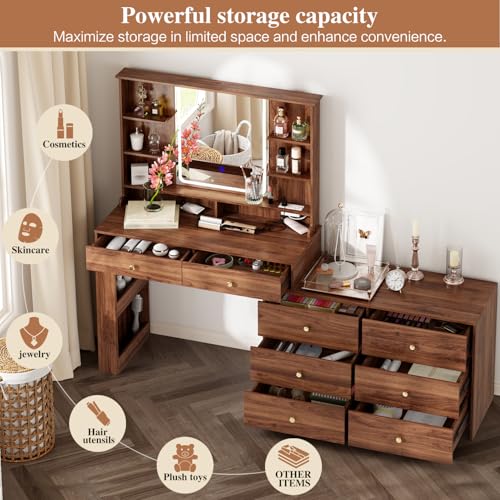 Large Makeup Vanity Desk with Mirror and Lights, Vanity Desk with 8 Drawers & Storage Shelves, Vanity Table with Power Outlet