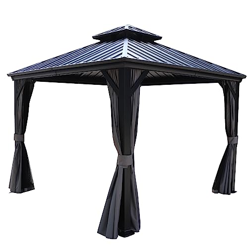 Kozyard Caesar 10'x10' Hardtop Gazebo - Permanent Metal Pavilion with Netting and Shaded Curtains for Patio, Backyard, and Deck
