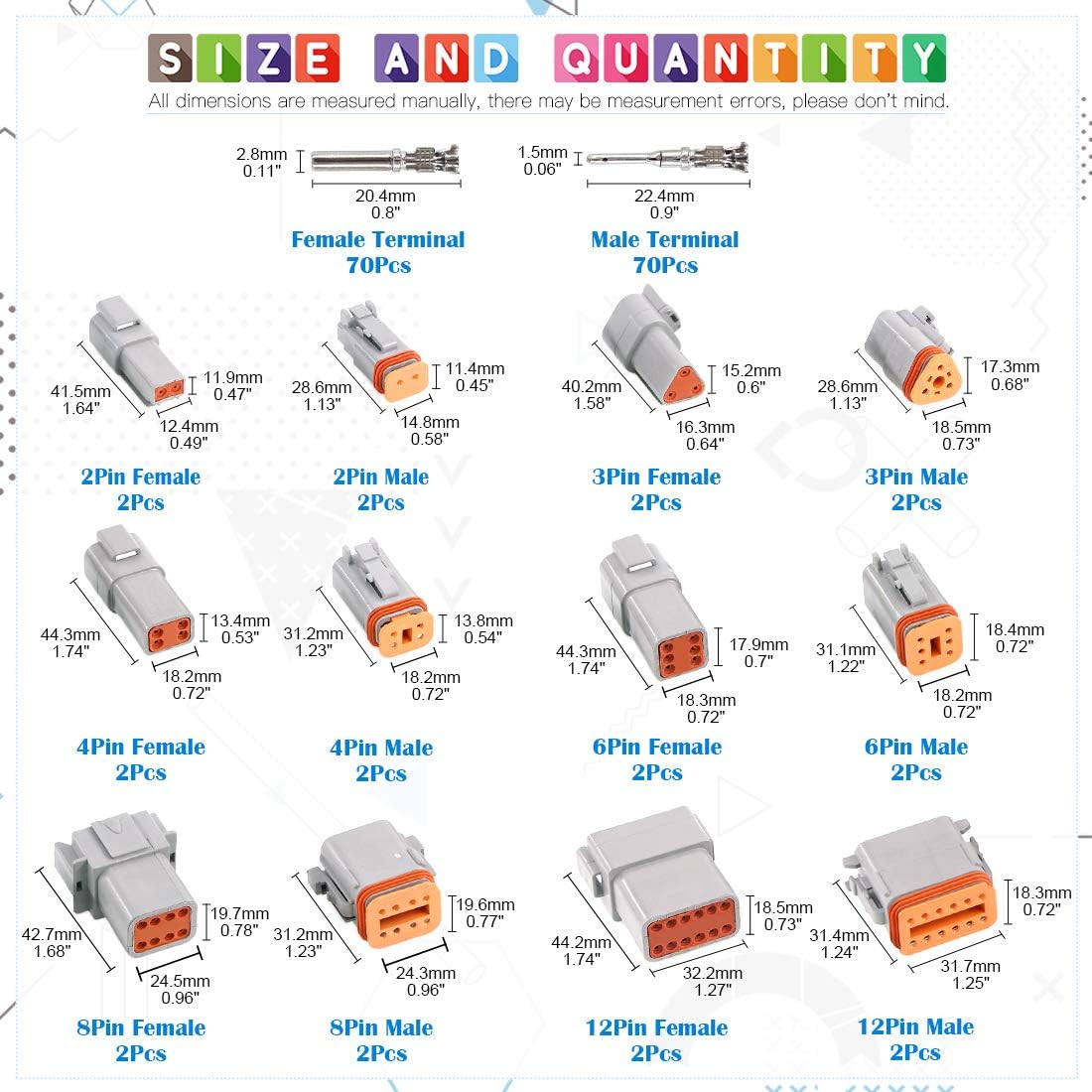 Glarks 152Pcs 2 3 4 6 8 12 Pin Way Sealed Gray Male and Female Auto Waterproof Electrical Wire Connector Plug 22-16AWG Connector for Motorcycle
