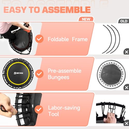 BCAN 450/550 LBS Foldable Mini Trampoline, 40"/48" Fitness Trampoline with Bungees, U Shape Adjustable Foam Handle