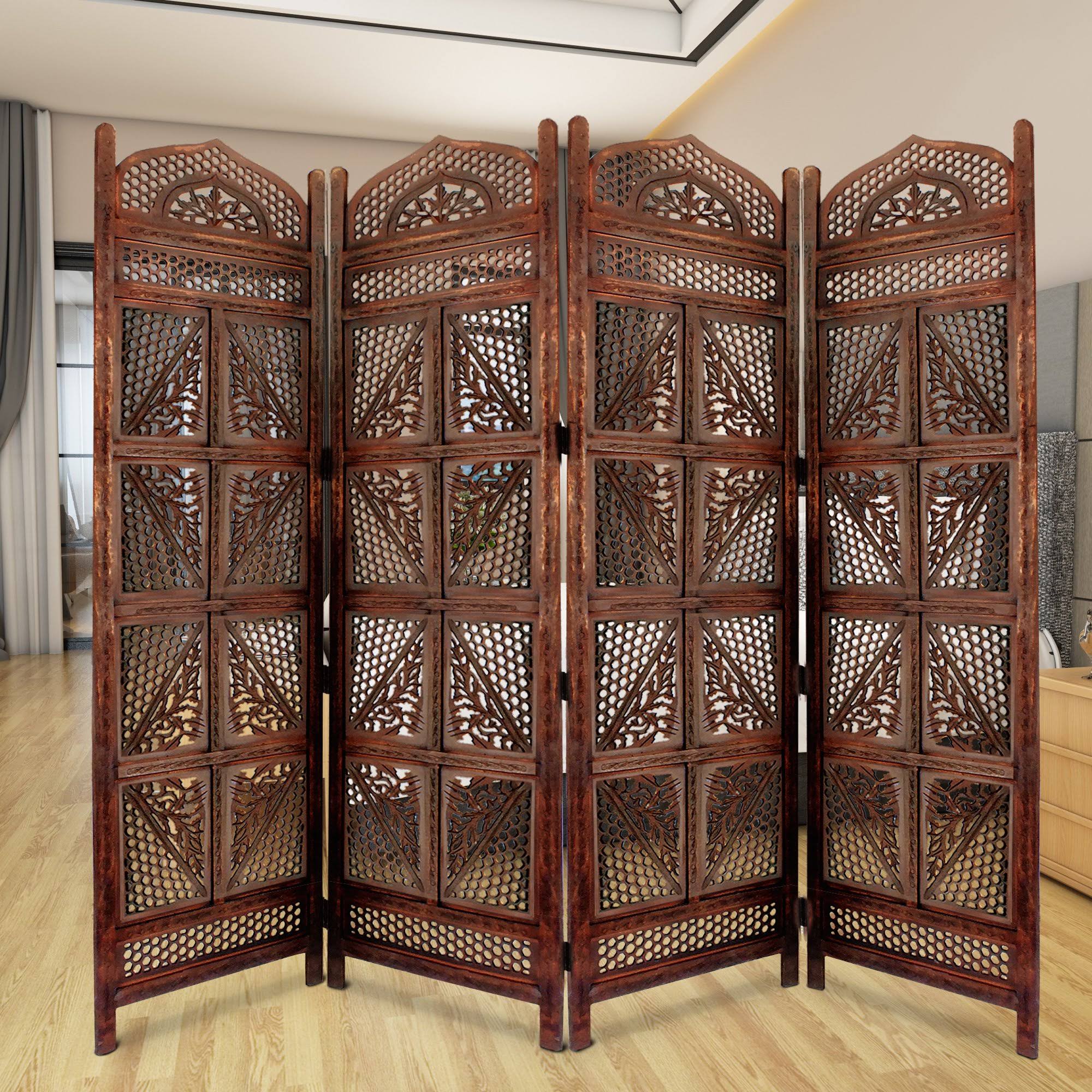 Traditional Four Panel Wooden Room Divider with Hand Carved Details, Antique Brown