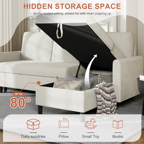 Vongrasig Convertible Sleeper Sofa, Pull Out Couch with Storage, 77" L-Shaped Sofa Bed with Storage Chaise Corduroy Fabric for Living Room, Apartment