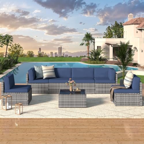 U-MAX 7 Piece Outdoor Patio Furniture Set, PE Rattan Outdoor Wicker Sectional Furniture Chair Set with Cushions and Tea Table