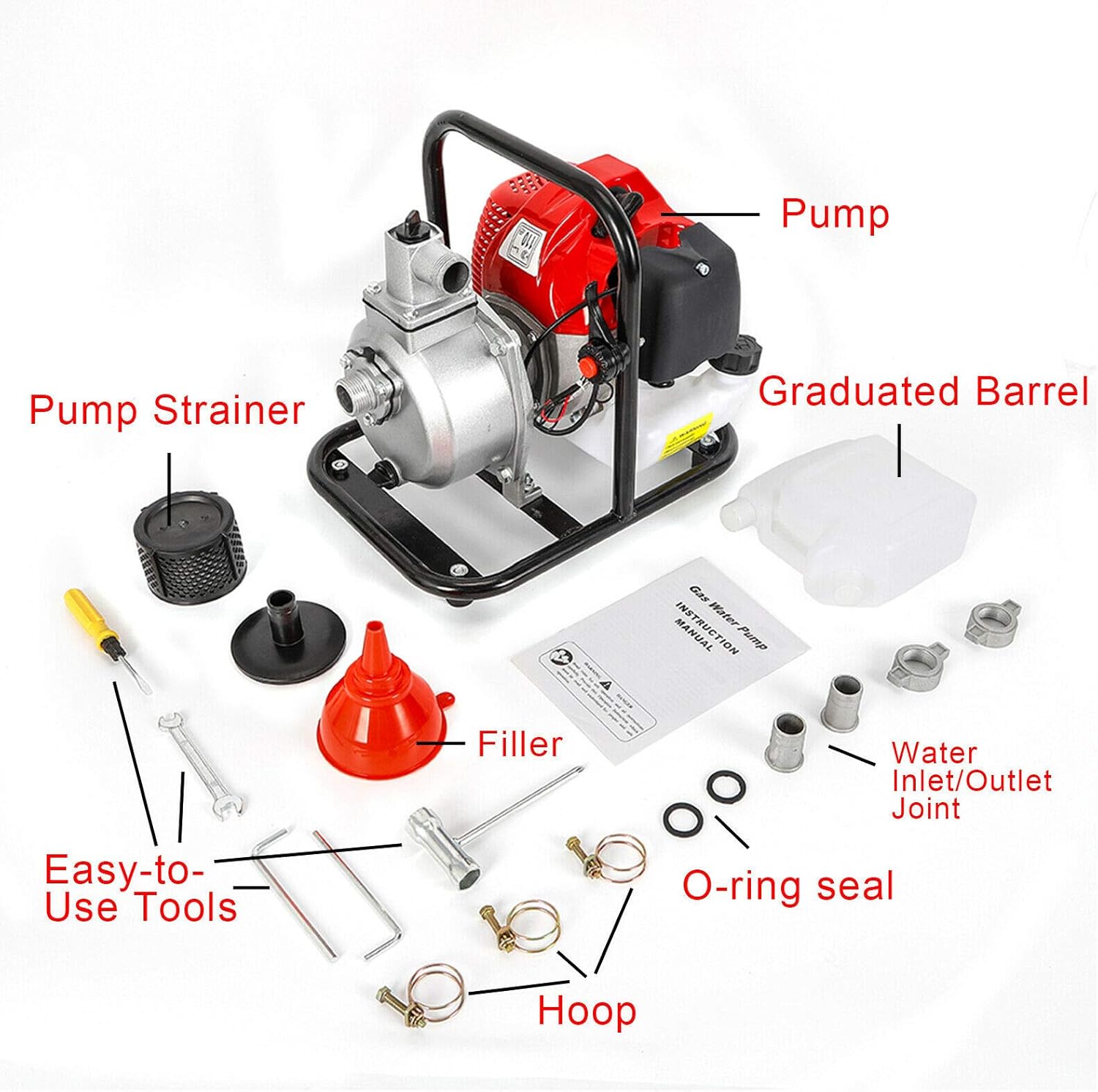 Gas Gasoline Water Pump,1" Inch 2 Stroke 1.7HP Petrol Water Transfer High Pressure Pump for Irrigation Pool