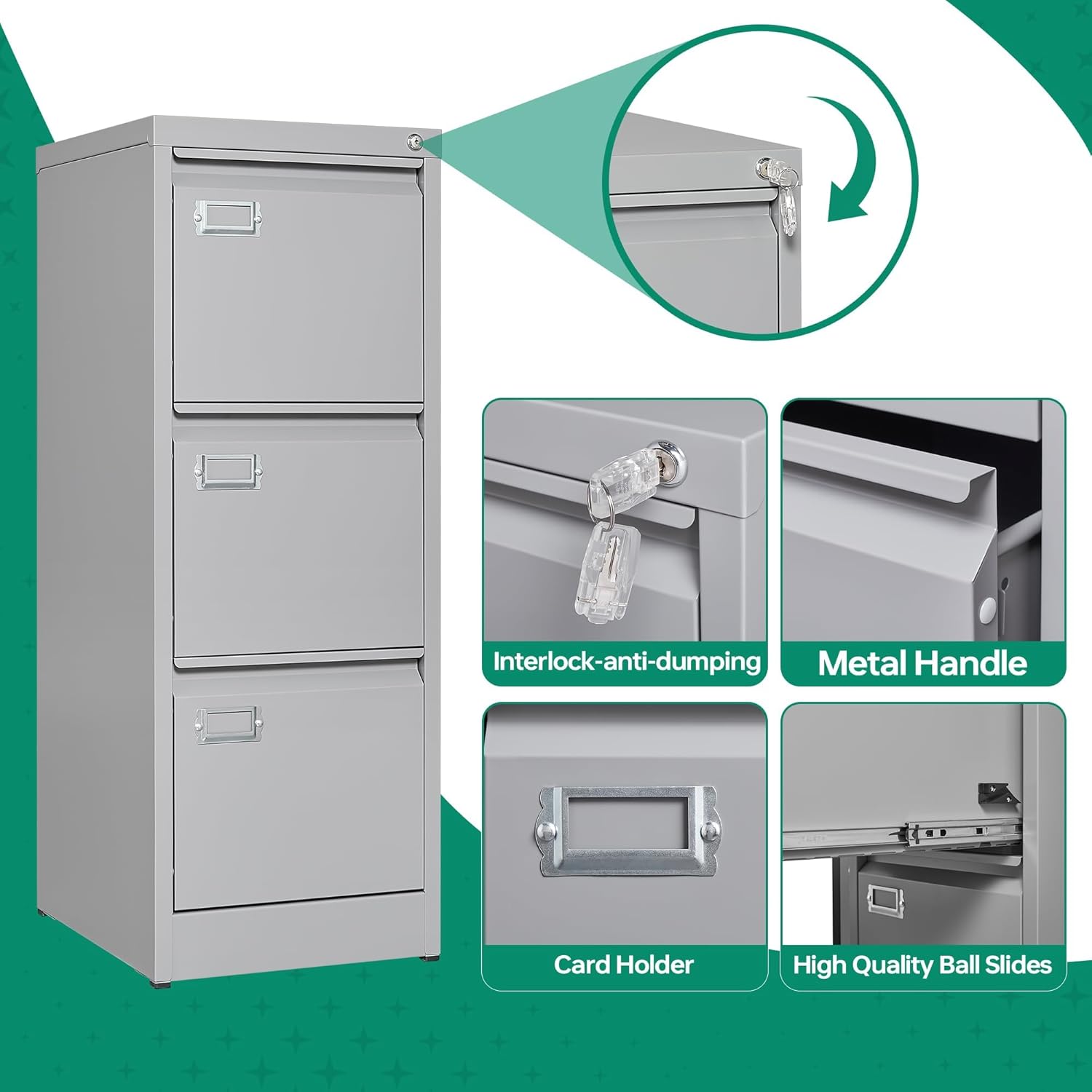 Letaya 3 Drawer File Cabinet with Lock,Metal Small Filing Cabinets for Home Office- Storage A4/F4/Letter/Legal -Assembly Required (Grey)