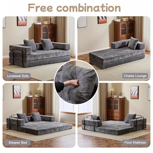 Convertible Floor Sofa Bed, Foldable Mattress Cloud Couch with Pillow Back & Armrest, Chenille Sleeper Sofa Bed with Fixed-Shape Frame