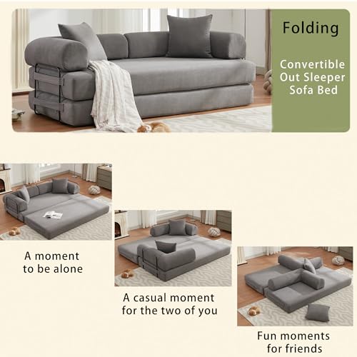 Convertible Sleeper Sofa Bed with Cylindrical Pillow, Corduroy Folding Mattress Couch with Fixed-Shape Frame