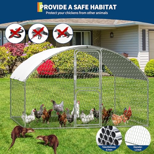 Heavy Duty Walk-in Chicken Coop, Large Metal Poultry Cage with Waterproof UV Cover & Round Top Design