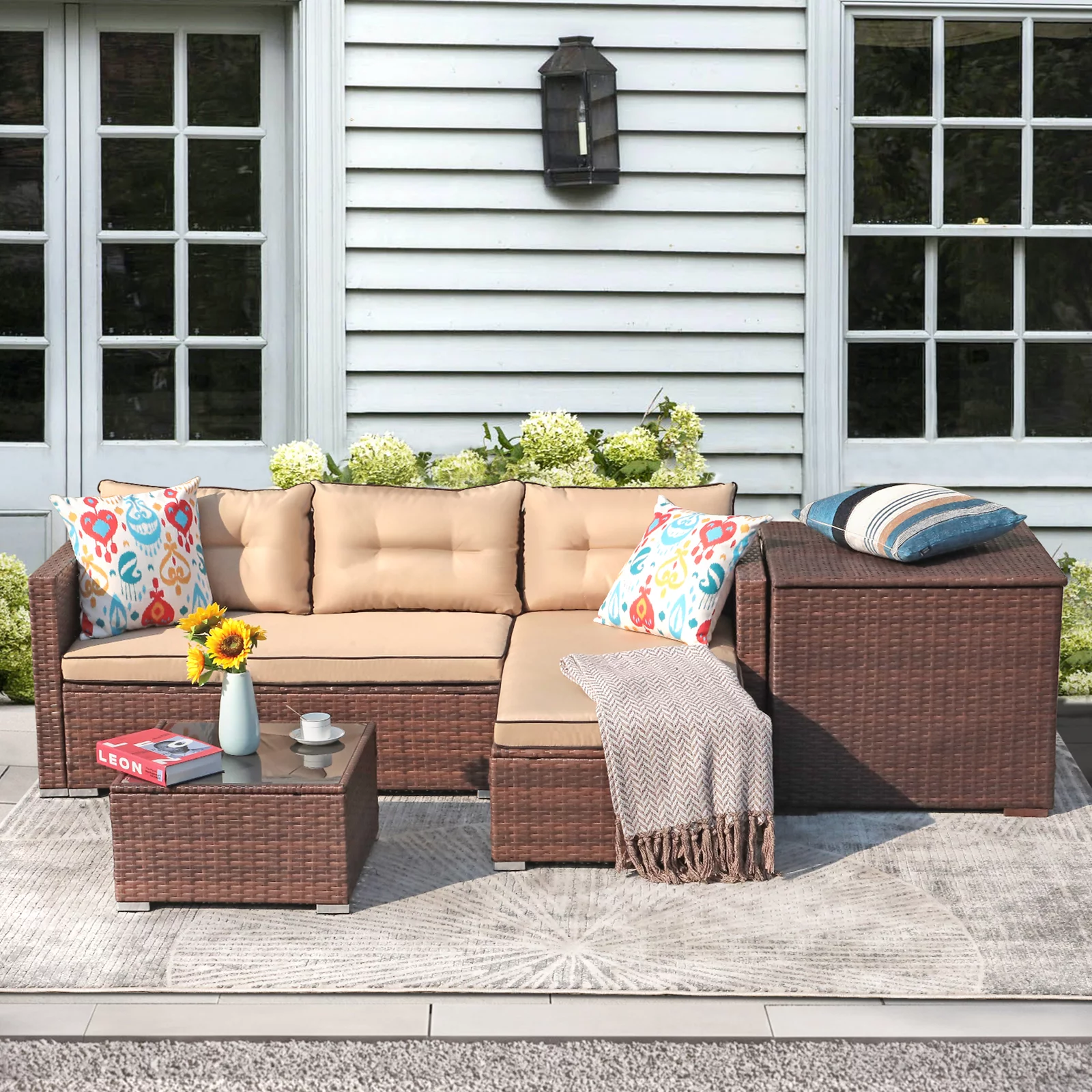 Patio Furniture Set, Outdoor Small Sectional Sofa Set with Storage Box, Patio PE Rattan Conversation Set