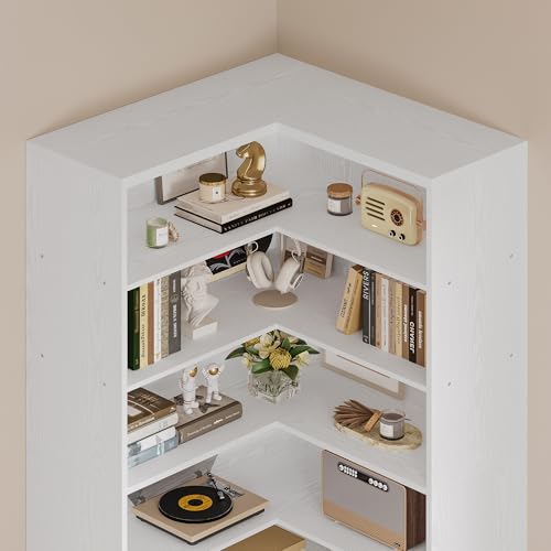 IRONCK 81" Corner Bookshelf with Door, 6 Tiers Lagre Bookshelves with Storage Rack, Tall Bookcase for Living Room Home Office, White