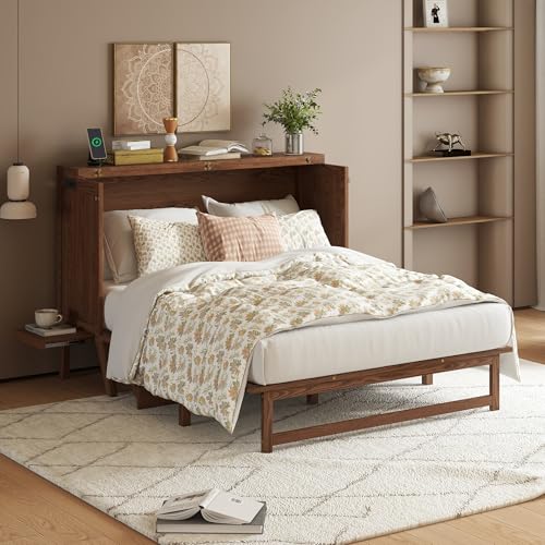 KEIKI Queen Size Cabinet Murphy Bed with Charging Station and Drawer, Multiple Storage Foldable Hideaway Wall Murphy Bed Frame with Solid Slat