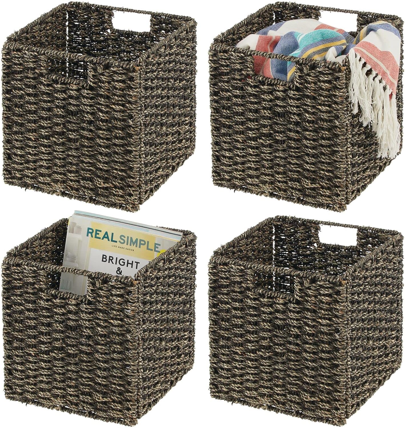 mDesign Seagrass Woven Cube Foldable Storage Bins Basket Organizer with Handle - for Organizing Closet, Laundry, Home Office, Nursery, Kitchen