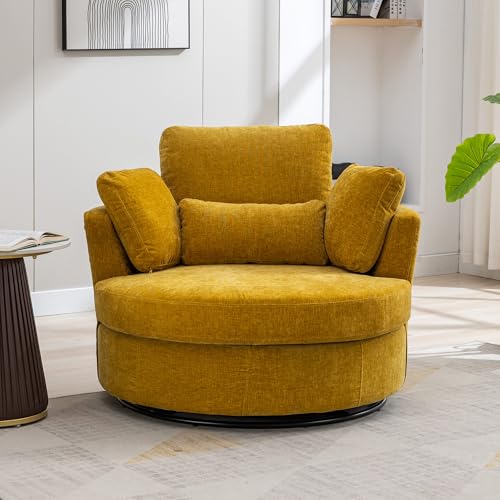 Aoiy & Wifon 42.2" W Oversized Swivel Barrel Chair with Ottoman, Upholstered Round Accent Chair with Storage Ottoman, Chenille, Beige