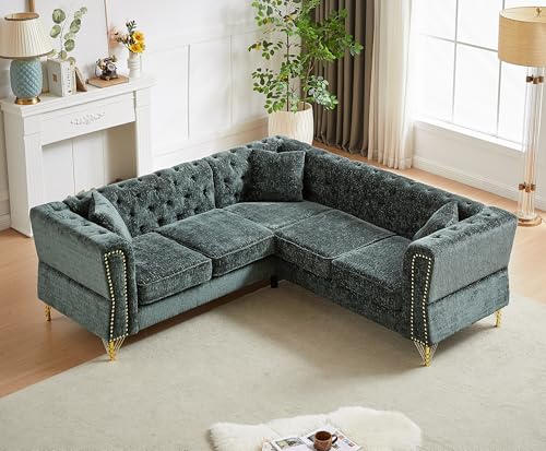 81.5”Chesterfield Sectional Sofa, Chenille Corner Sofa, L-Shaped Sectional Couch, 5-Seater Corner Sofas with 3 Cushions for Living Room, Bedroom