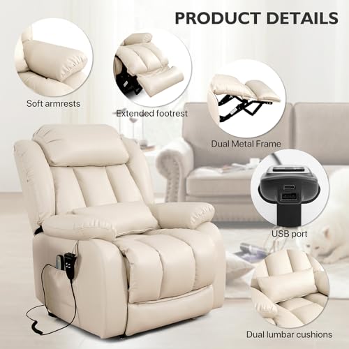 EDILLY Large Genuine Leather Power Lift Recliner Chairs for Elderly, Dual Motor with Massage and Heating,Double Lumbar Cushion and Extended Footrest