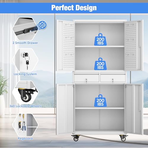 Garage Storage Cabinet with Wheels & Pegboard, 72" H Locking Metal Storage Cabinet with Doors and 4 Adjustable Shelves for Garage Workshop Home
