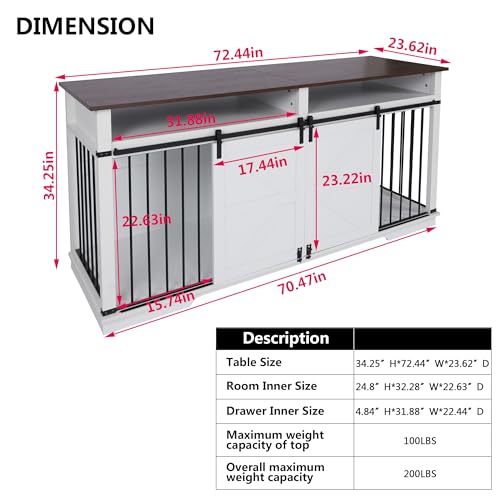 Aoowow Large Double Dog Crate Furniture 72.4" Indoor Dog Kennel with Sliding Barn Door and Divider