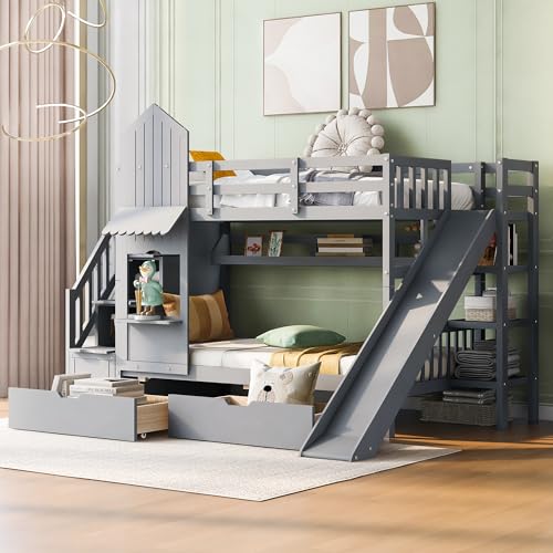 SOFTSEA Twin Over Twin Bunk Bed with Slide and Storage Solid Wood Bunk Bed Frame with Staircase and Drawers, Pink