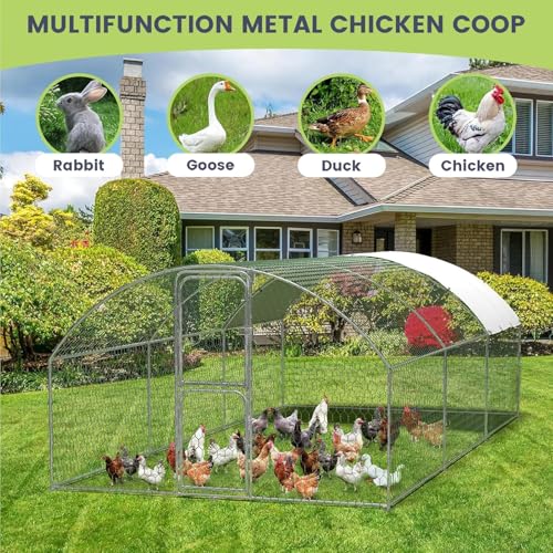 Heavy Duty Walk-in Chicken Coop, Large Metal Poultry Cage with Waterproof UV Cover & Round Top Design