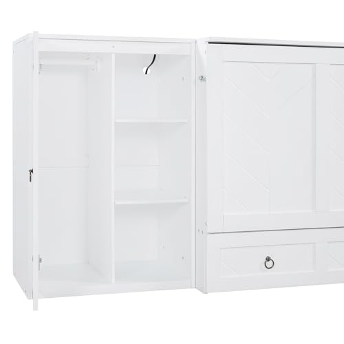 Queen Size Murphy Bed Wall Bed, Solid Pine Murphy Bed Chest Cube Cabinet Bed with USB, Charging Station