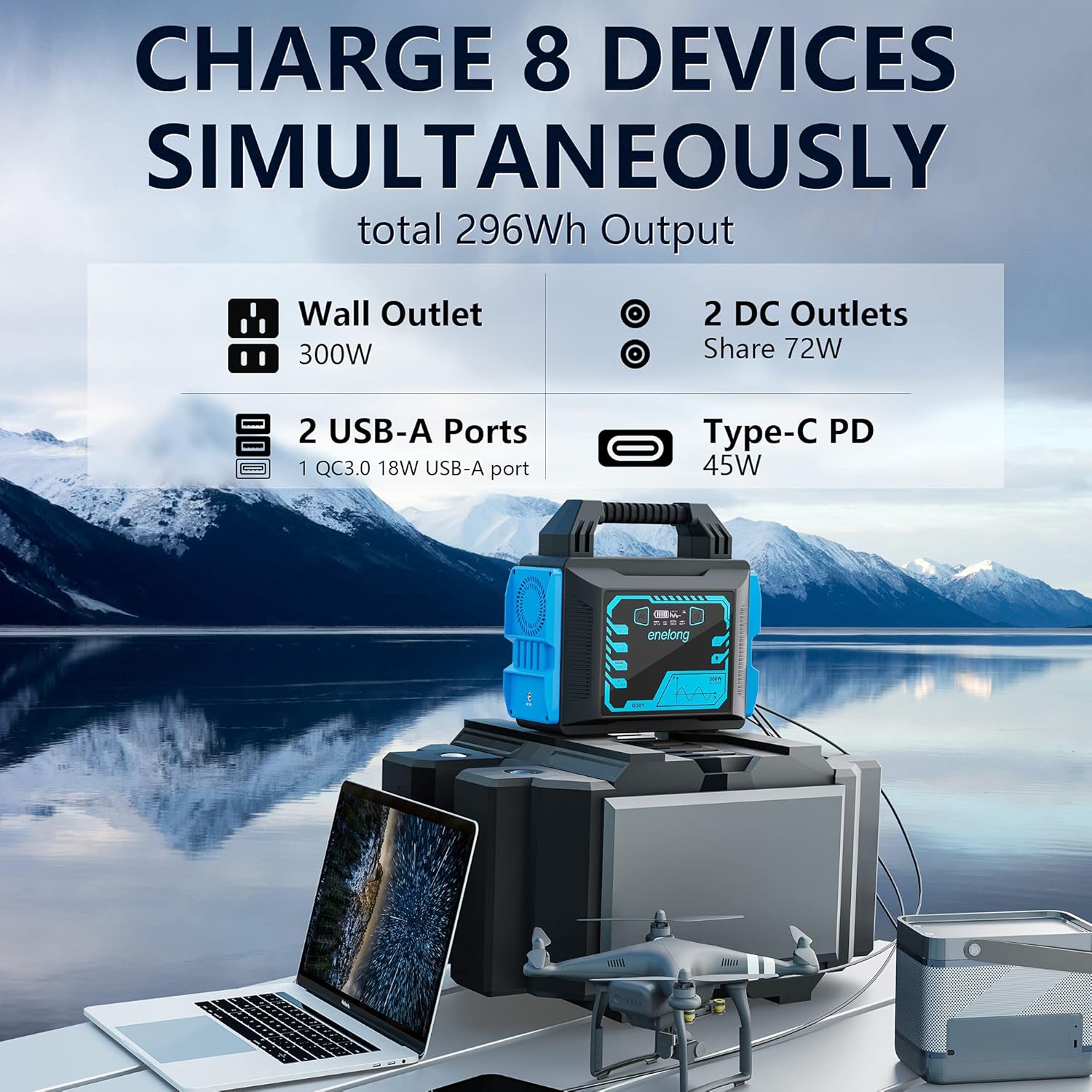 Portable Power Station 300W, Enelong Solar Generator 296Wh with PD45W Output, 2 AC Outlets 2 DC Ports 2 USB Ports