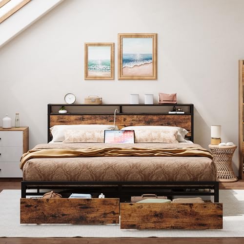 LIKIMIO King Bed Frame with Storage Headboard, Platform Bed with Drawers and Charging Station, No Box Spring Needed, Easy Assembly, Vintage Brown